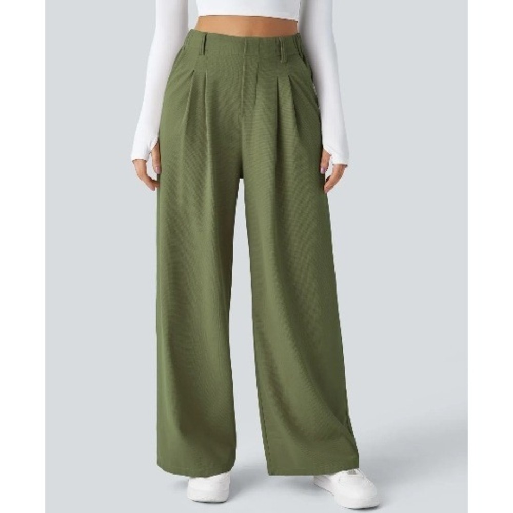 Halara Flex High Waisted Pocket Wide Leg Waffle Work Pants Loden Green Sz S Good